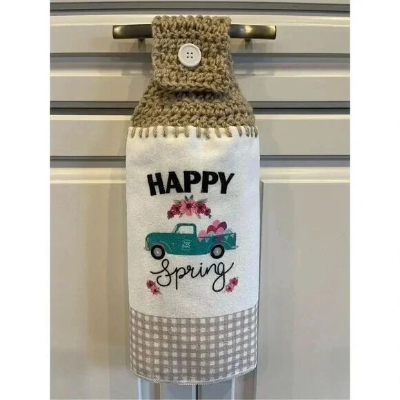COPY - Crochet Top Kitchen Towel- Happy Spring antique Pickup Truck Flowers - Picture 1 of 3